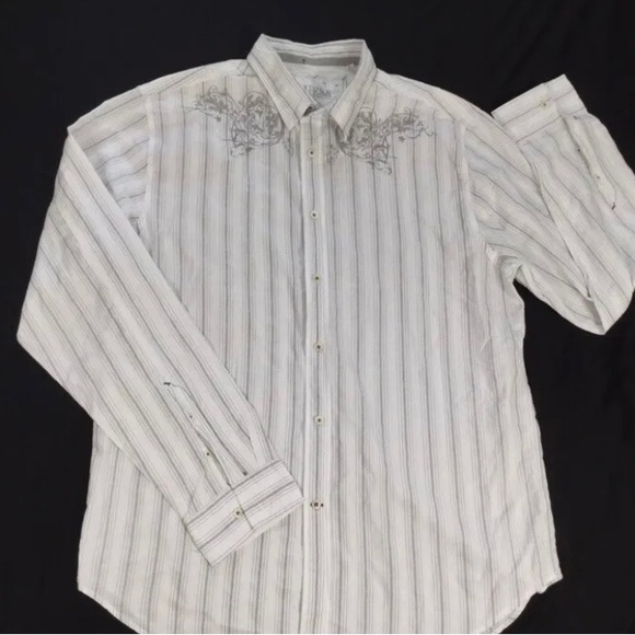 Guess Mens White Striped Print Long Sleeve Button Up Shirt Size XL - Picture 2 of 7